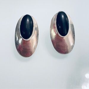 Black Onyx Oval Sterling Silver Stud Earrings Vintage